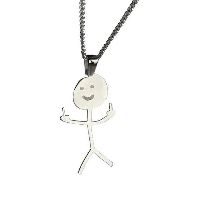 AA00426 Middle Finger Stick Man Pendant Necklace Stainless Steel Hand Gesture Necklace Funny Necklace