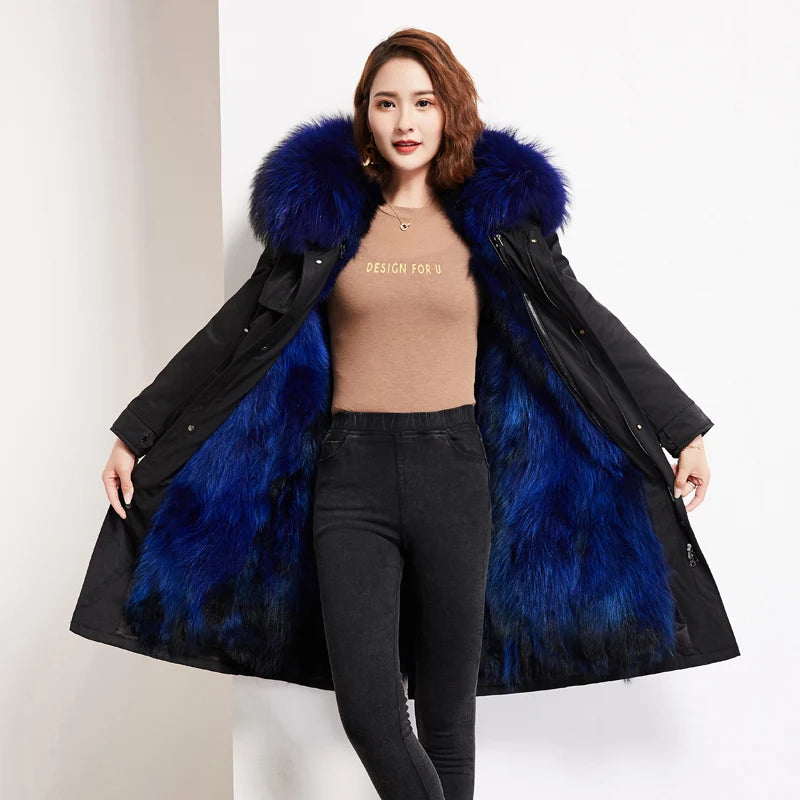 MWFur Fox Fur Men's Parkas Fox Fur Collar Hooded Detachable Winter Coat Woman Parka Jacket Para Mujer Las Mujeres Parkas