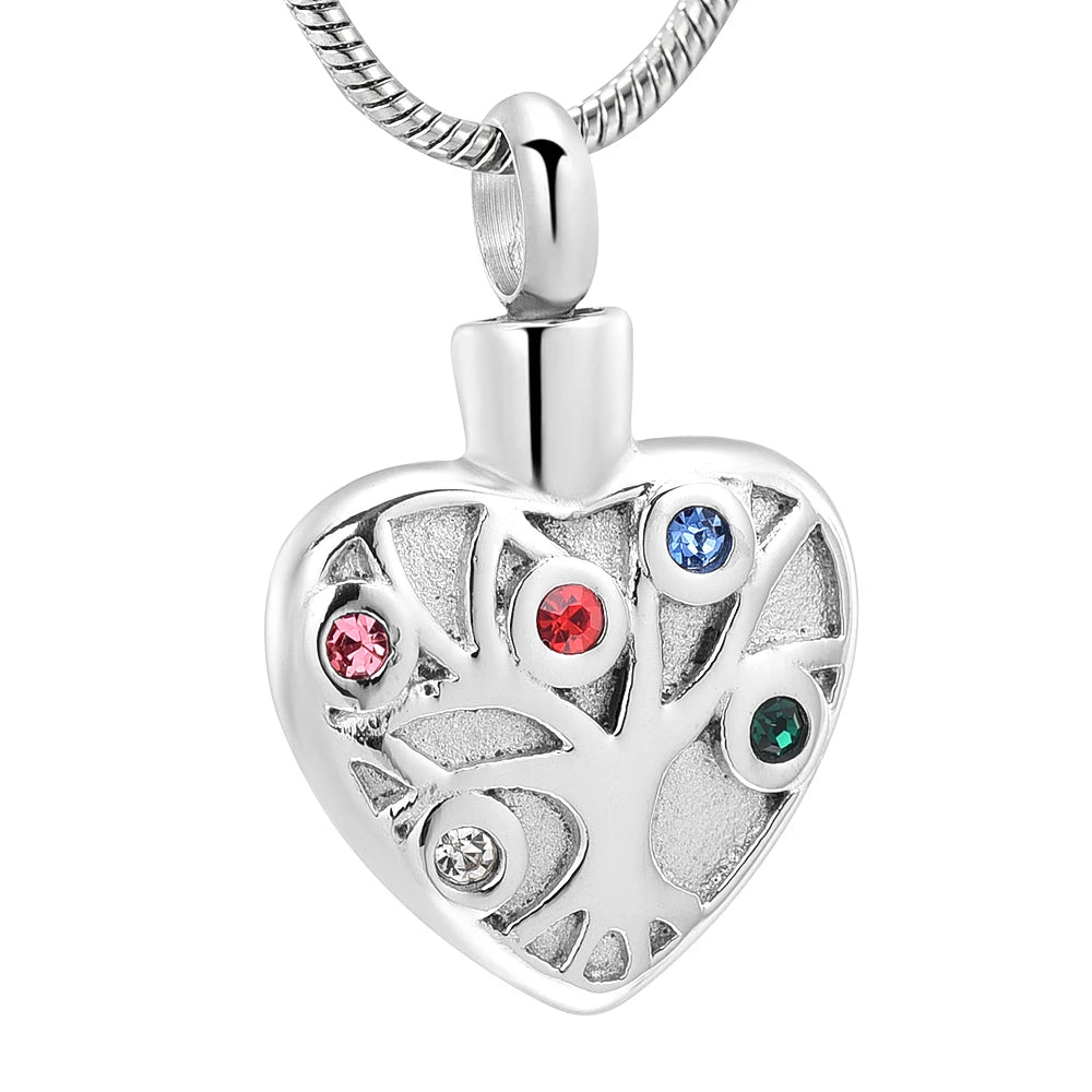 Children's Tree Heart Memorial Urn Jewelry Silver Plated Stainless Steel Colorful Crystal Keepsake Pendant Cremation Ashes
