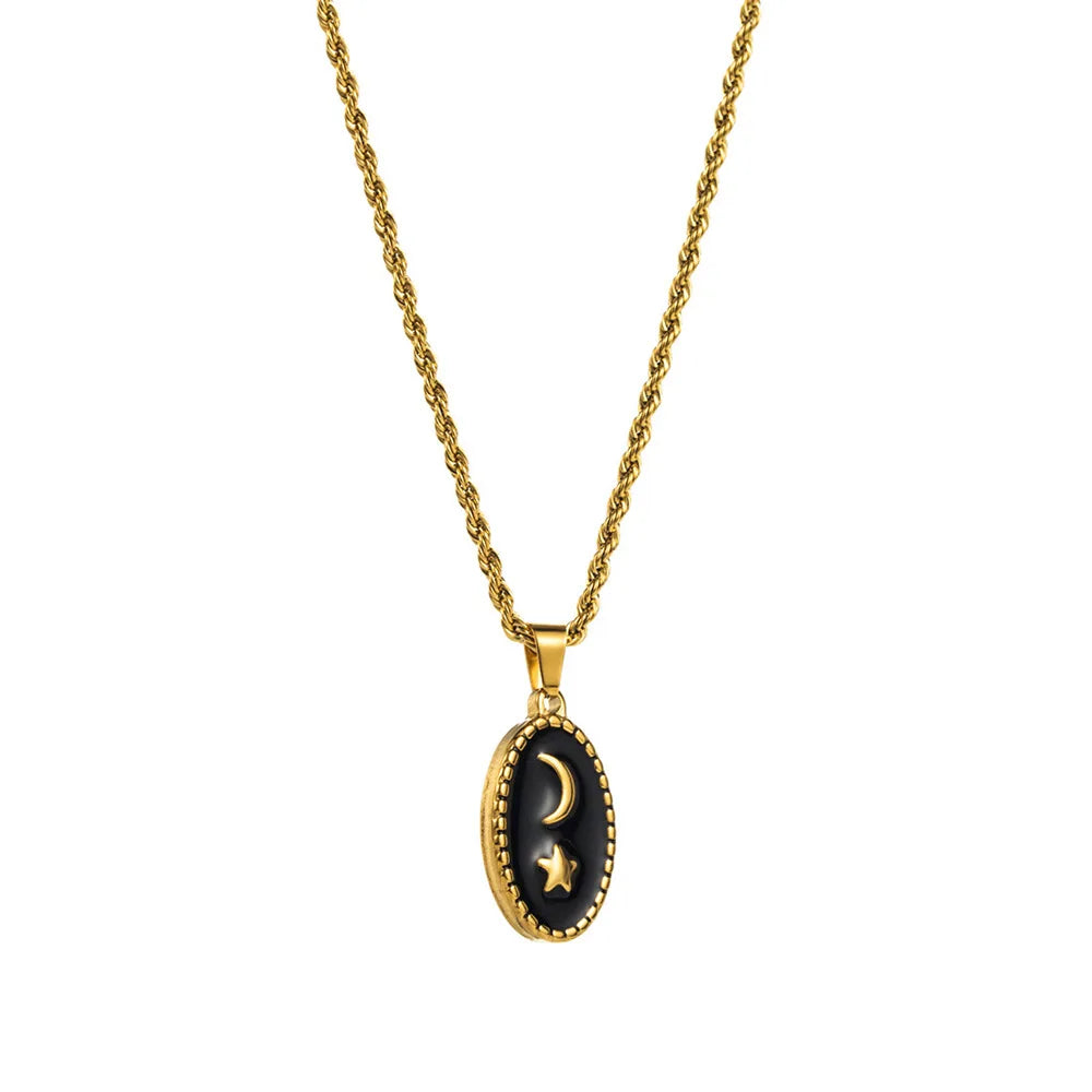 18K PVD Gold Plated Black Oil Enamel Star Moon Heart Geometric Pendant Necklace Link Party Tarnish Free Stainless Steel Jewelry