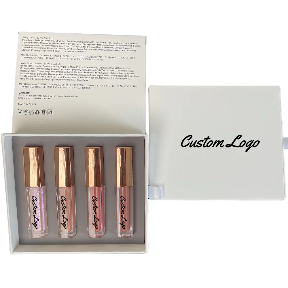 Wholesale Lipgloss Base Private Label 4 Colors Lip Gloss Set Custom Glossy Lip Gloss Kit Matte Liquid Lipstick Set