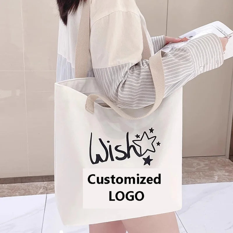 Customized Logo Image Printable Personalized Eco-friendly Pure Cotton Canvas Beach Tote Bag Perfect Gift for Women