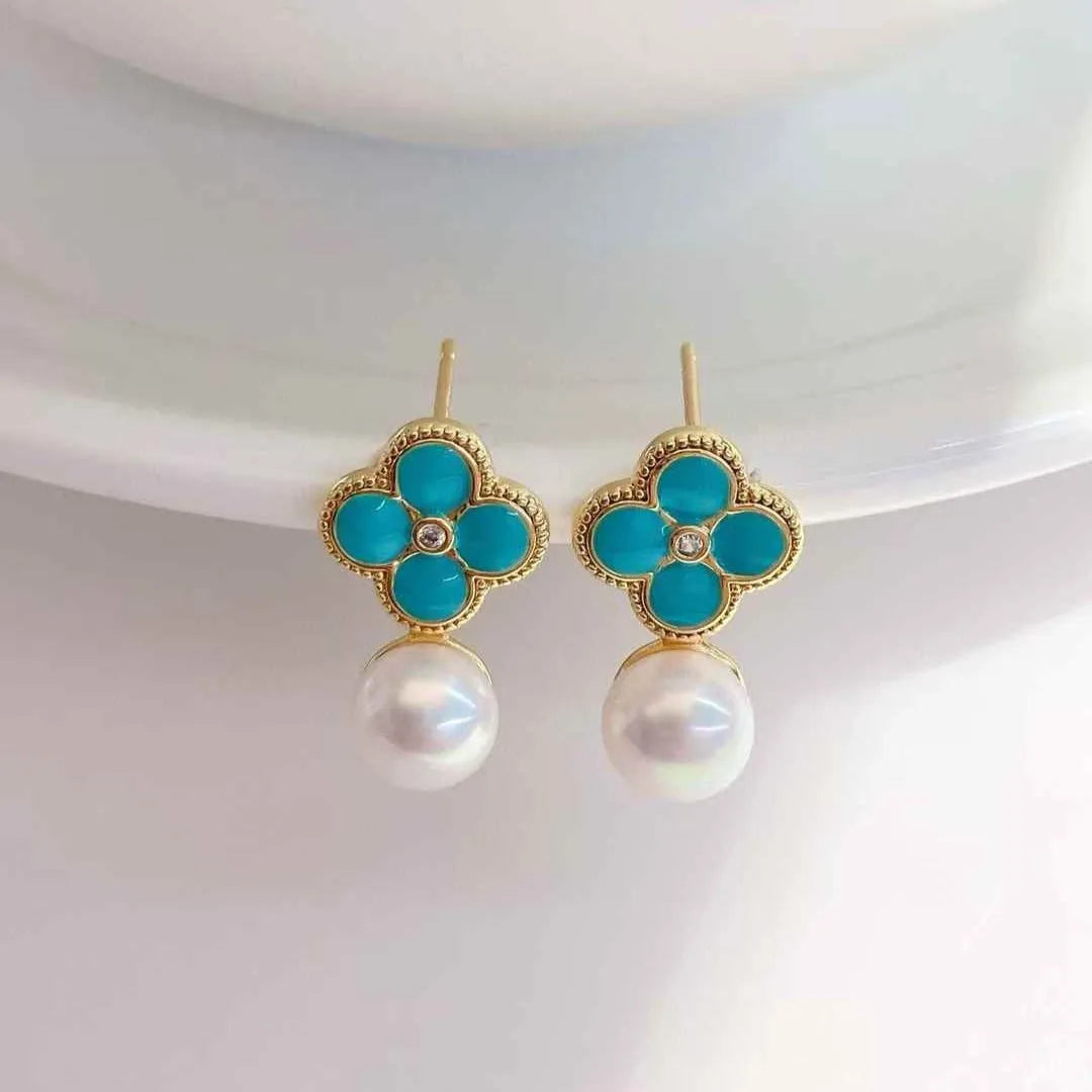 Advanced Artificial Turquoise Earrings with 7-7.5mm Natural Freshwater White Bread Pearl Earrings S925 Pure Silver Ear Needles