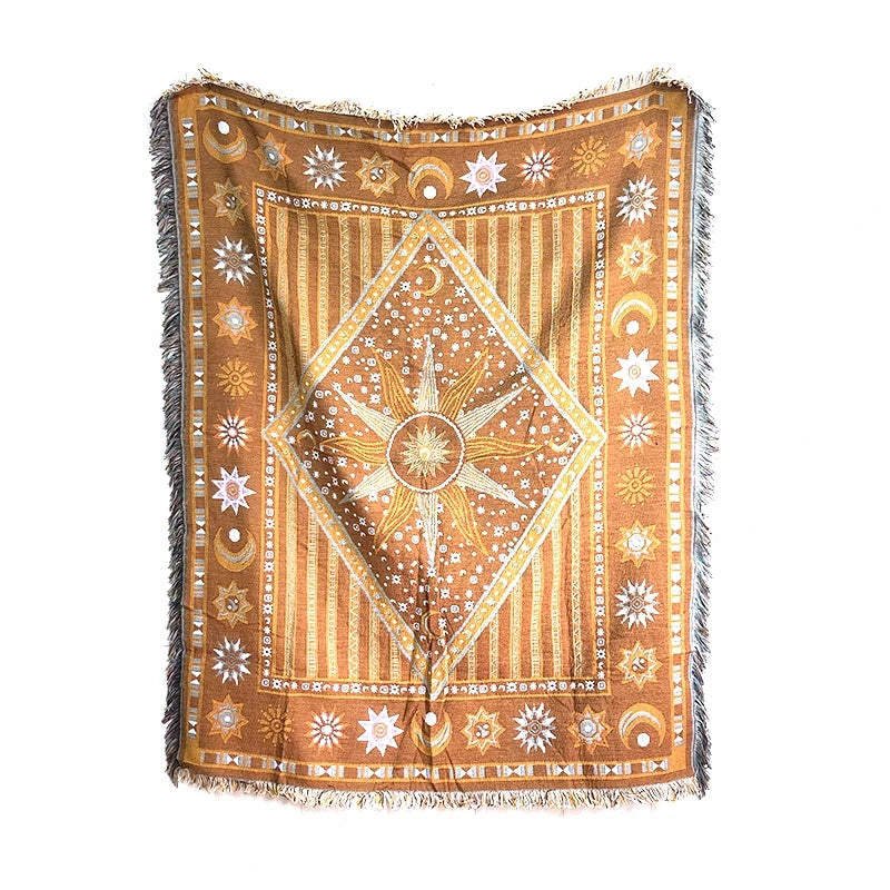 Customized Vintage Geometric Woven Cotton Throw Blanket with Stars and Moon Patterns Four Seasons Use