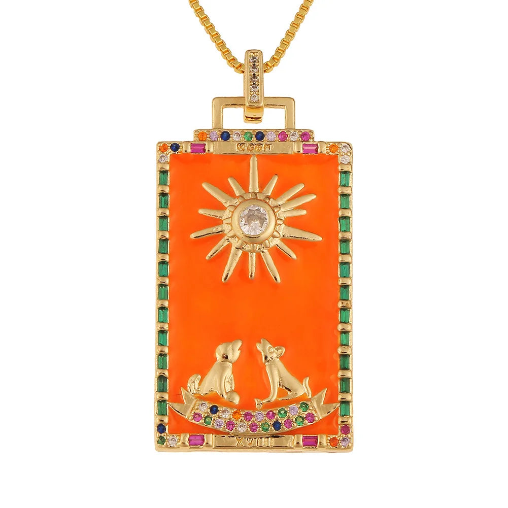 New Design Hip Hop Oil Painting Style Tarot Card Pendant Necklace INS HOT 18k Gold Plated Brass with Zircon Jewelry