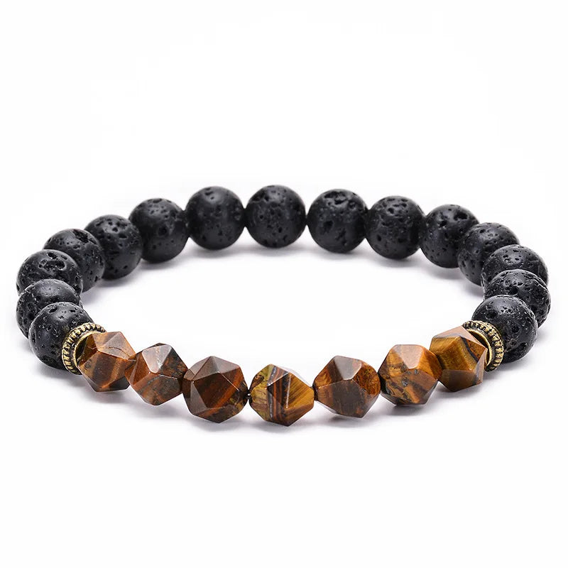 Stretchy Natural Cut tiger Eye Stone Bangle Black lava Stone Beads Wristband Handmade Beaded Bracelet gift