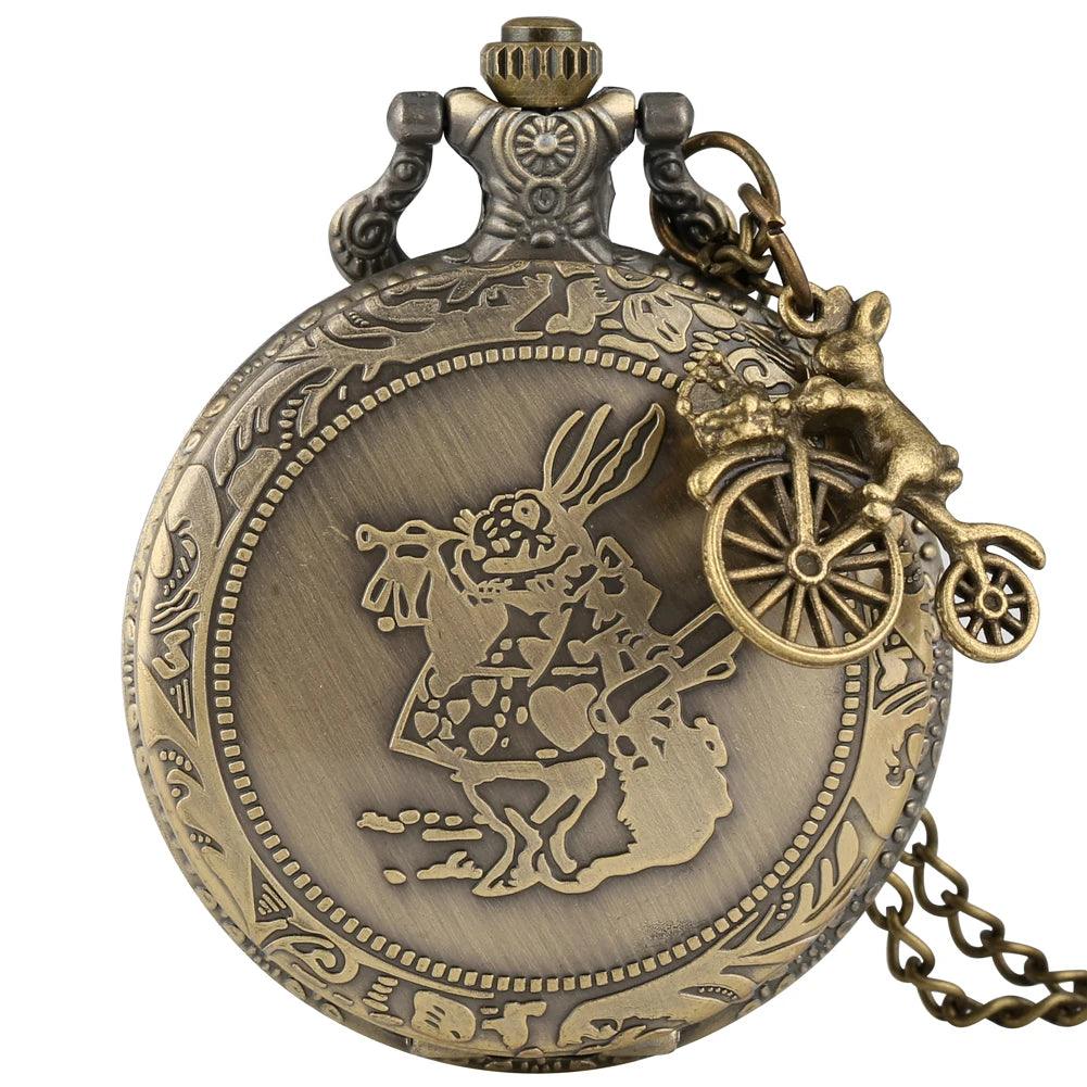 Antique Bronze Alice Wonderland Rabbit Necklace Chain Pendant Clock Quartz Pocket Watch for Boys Girls