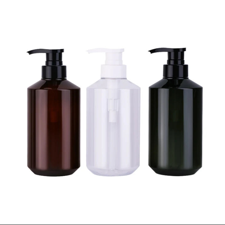 New Stock 500ml Diagonal Shoulder Brown Plastic Bottle Package 300ml Green PET Press Shampoo Lotion Bottle