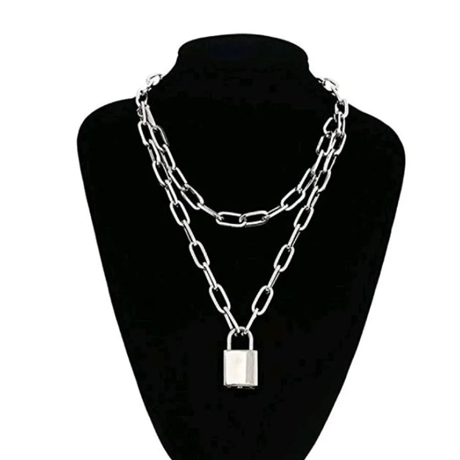 Personality Punk Hip-hop Trendy Alloy Lock-shaped Single-layer Thick Chain Gold Silver All-match Sweater Geometric Retro Wedding
