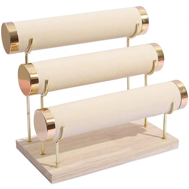 Beige Stylish Velvet Wrist Watch Organizer Detachable Bracelet Holder Three Tier Racks Jewelry Display
