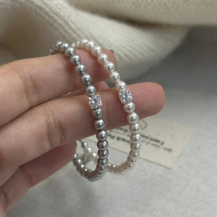 Korea Fashion Pure 925 Sterling Silver High Light Round Pearl Shiny Zircon Bracelets for Women Girls Jewelry