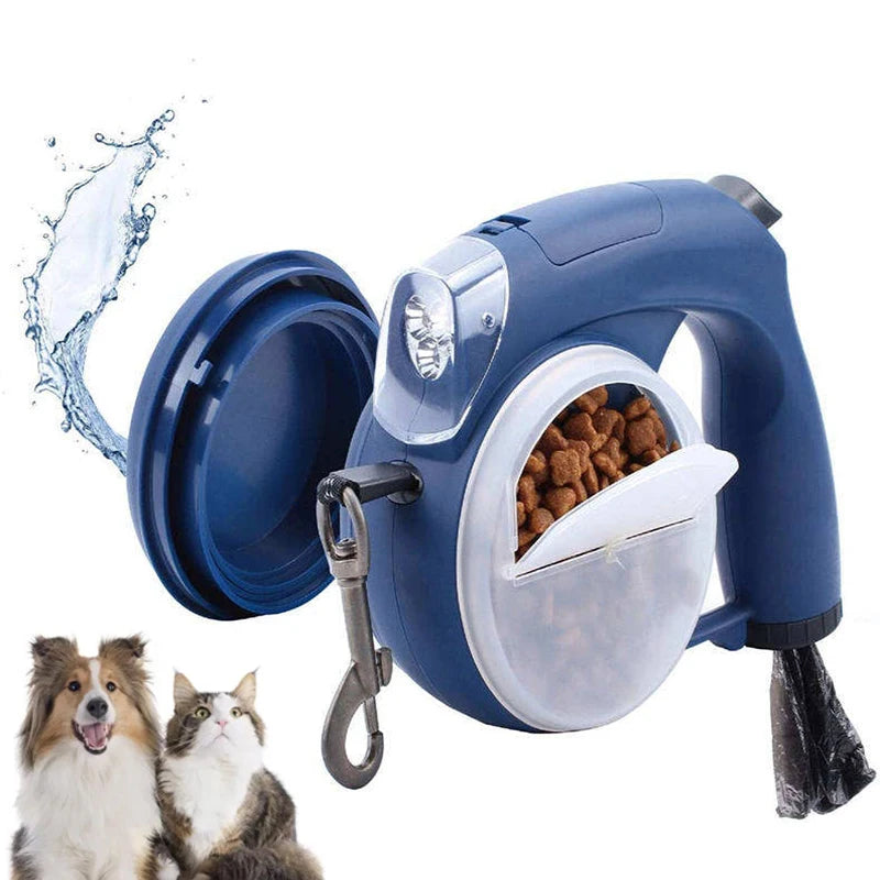 Portable Luxury Automatic Retractable Dog Leash 4M LED Lights Durable Pet Lead with Food Container Poop Bag Dispenser