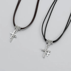 Simple Vintage Cross Pendant Couple Necklace for Women Men Fashion Double Leather Rope Necklace Jewelry Gifts