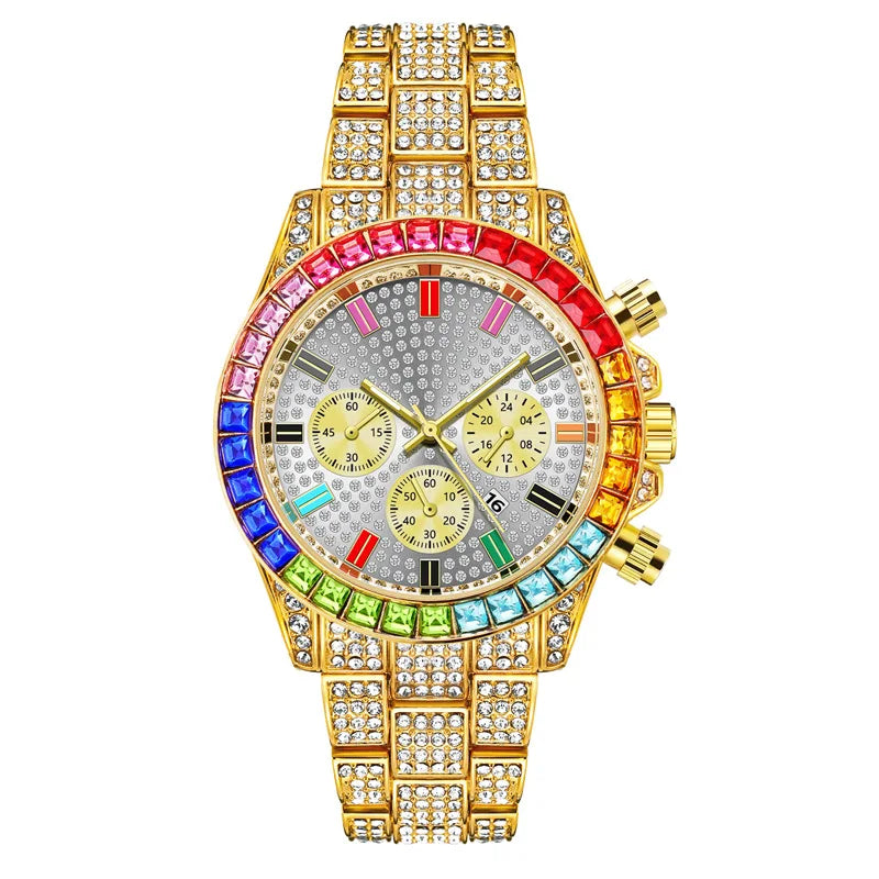 Hot Products 2022 Iced Out Watches Men's Colorful Diamond Studded Surface Custom Logo Quartz Luxury Hip Hop Wrist Watches