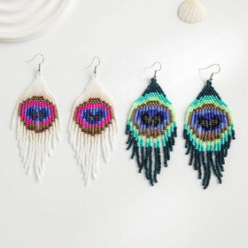 Bohemia Ethnic Woman's Multi-Color Seed Beaded Tassel Drop Earrings Multi-Color Seed Beads Jewelry