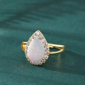 Hainon S925 Standard Sterling Silver Women's Wedding Engagement Ring Droplet Shaped Opal Ring