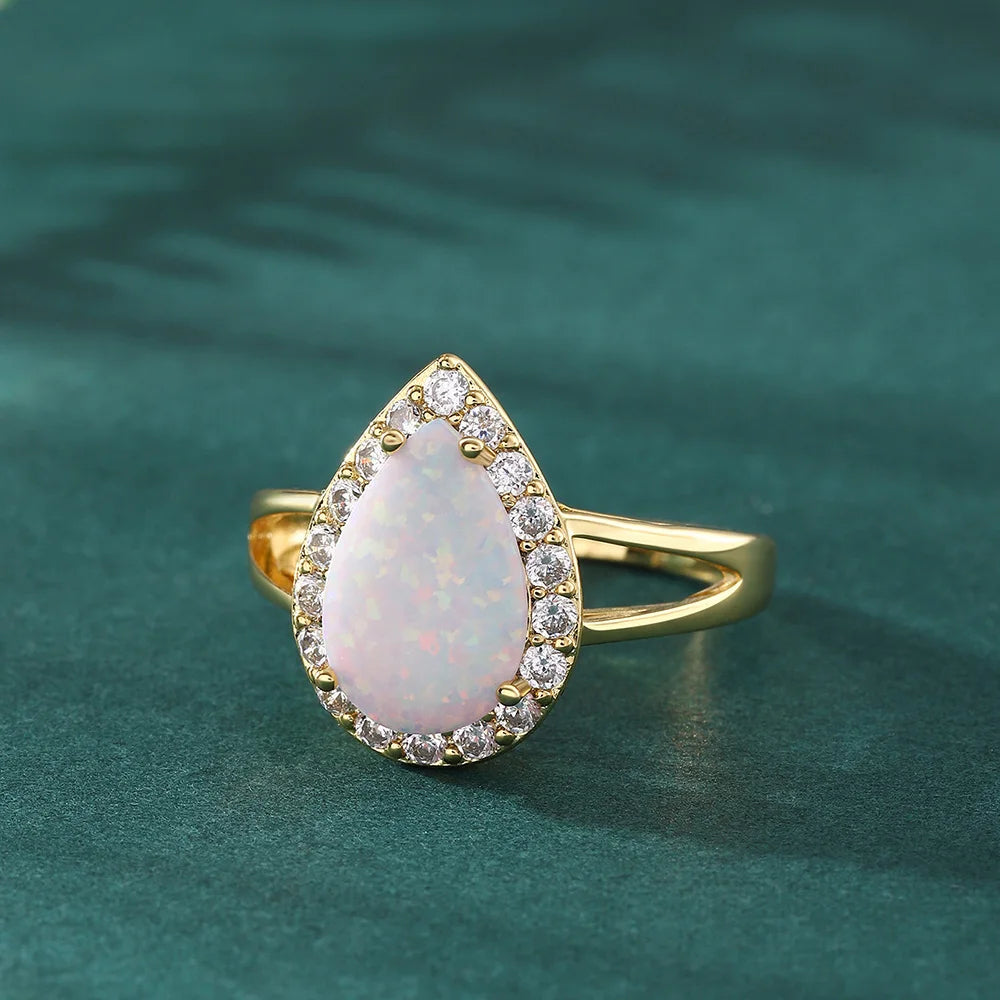 Hainon S925 Standard Sterling Silver Women's Wedding Engagement Ring Droplet Shaped Opal Ring