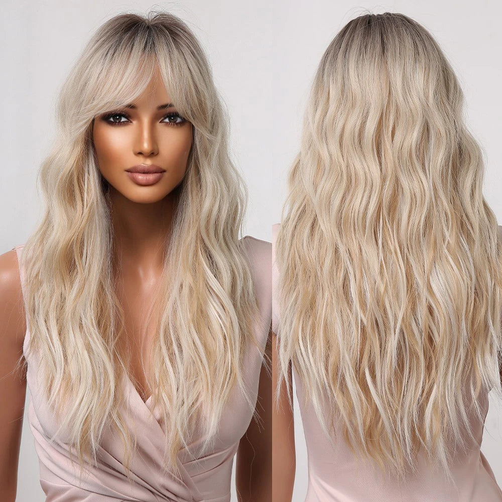 Factory Outlet Ombre Platinum Blonde Synthetic Wigs for Black Women Long Wavy Wigs with Side Bangs Heat Resistant Afro
