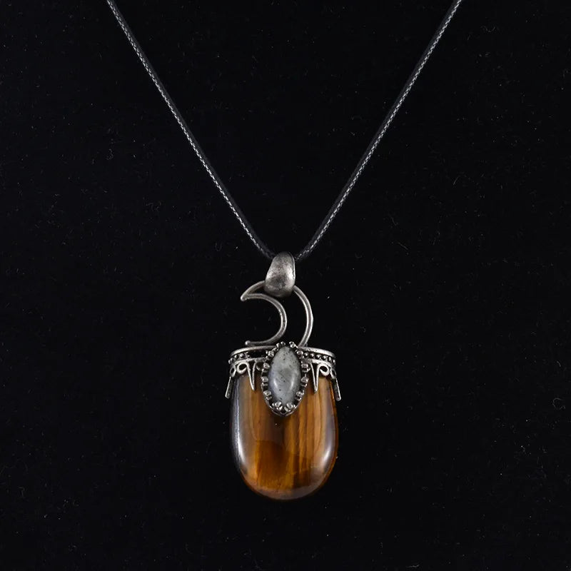 Natural Crystal Stone Retro Moon Horse Eye Opal Rose Quartz tiger Eye Pendant Necklace Gemstone Jewelry
