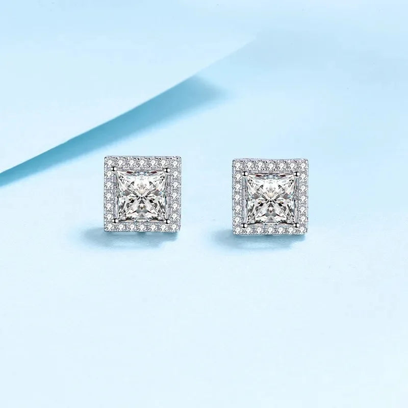 Princess Shape Halo Design 0.5ct/1ct DEF Blue Green Black Champagne Color Stud 925 Sterling Silver Moissanite Earring