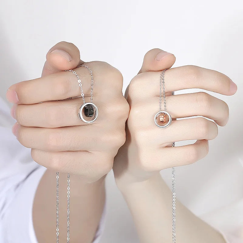 925 Silver Beauty the Beast Korean Double Circle Pendant Necklace for Engagement Wedding Anniversary Valentine's Day Gift