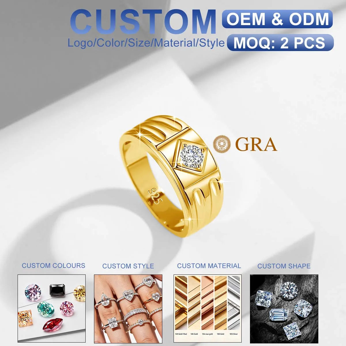 Quality Jewelry OEM Engagement Wedding Christmas Gifts 0.3ct Moissanite 925 Silver Gold Rings for Men