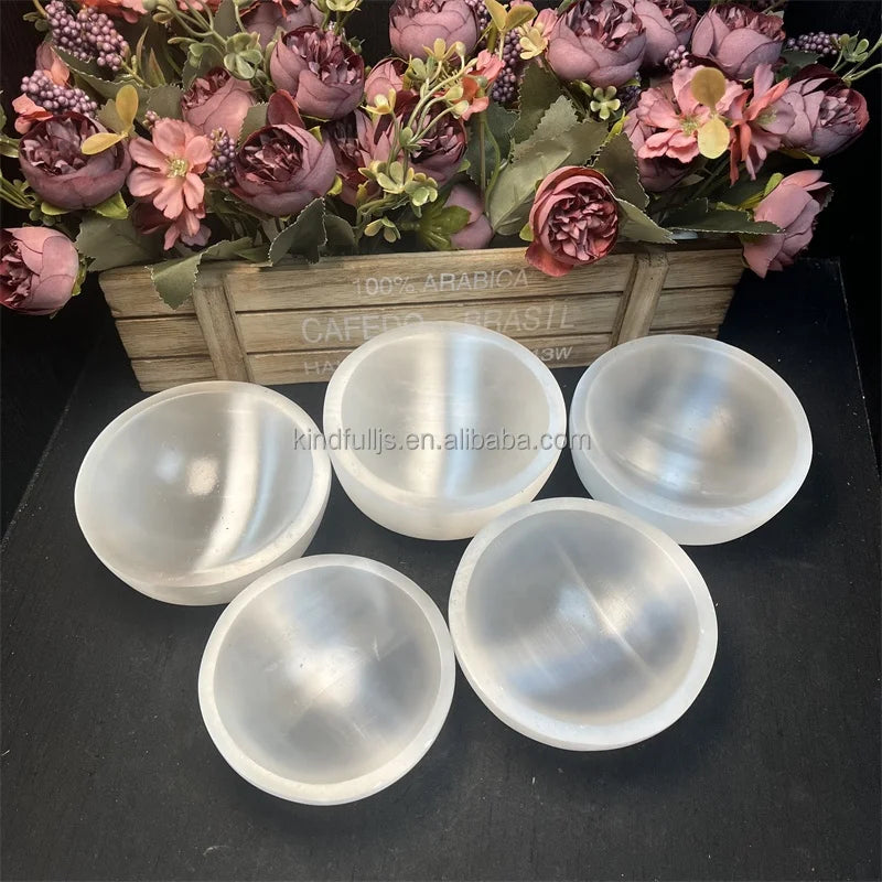 Hand Carved Selenite Bowl Natural Healing Crystal Round Shape Selenite Bowls for Decor