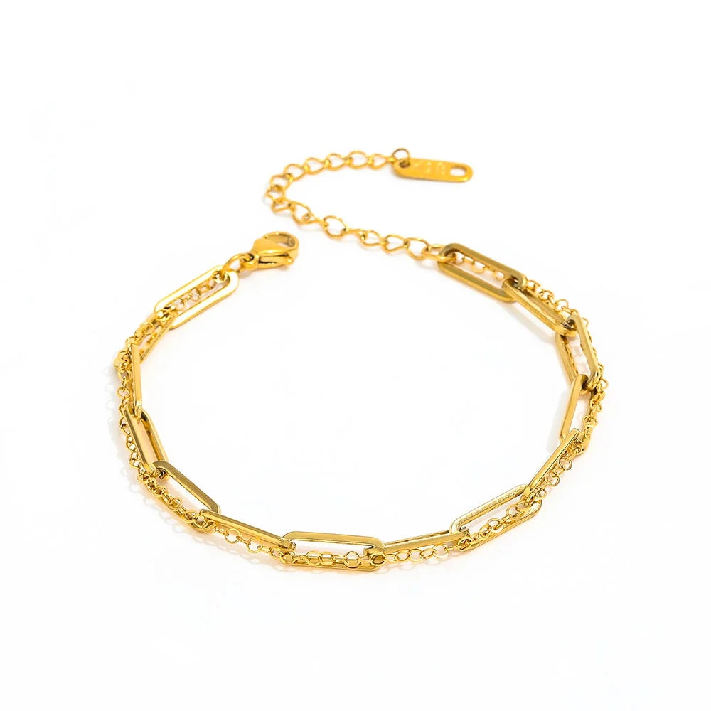 18K PVD Gold Plated Paper Pin Double-layer Stainless Steel Charm Bracelet for Women Wholesale Jewelry