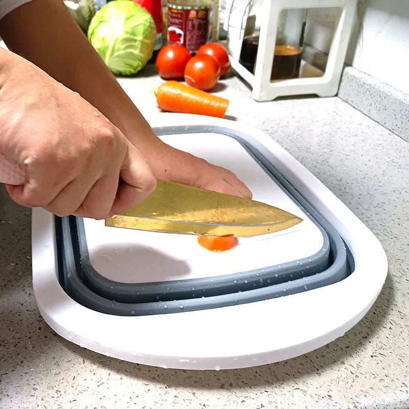 2 in 1 Plastic Kitchen Tool Chopping Boards and Folding Drain Basket Steamer for Vegetables & Fruit Wash Bowl