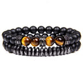 Men Bracelet Set Gemstone Colorful Tiger Eye Matte Black Agate Stone CZ Micro Pave Charm Beaded Elastic Bracelet Men