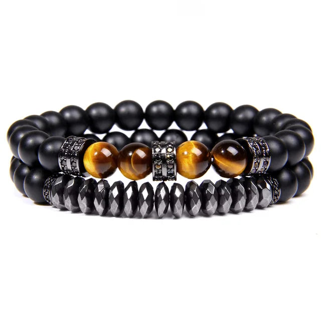 Men Bracelet Set Gemstone Colorful Tiger Eye Matte Black Agate Stone CZ Micro Pave Charm Beaded Elastic Bracelet Men
