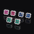 925 Sterling Silver Flower Earring Green Ruby Blue Cubic Zirconia Four Leaf Clover Stud Earrings for Women