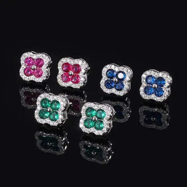 925 Sterling Silver Flower Earring Green Ruby Blue Cubic Zirconia Four Leaf Clover Stud Earrings for Women