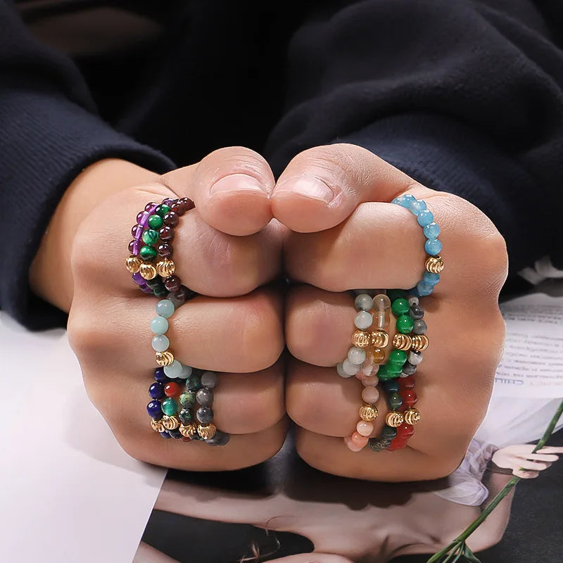 Boho Crystal 4mm Natural Solid Gem Stone Beads Beaded Elastic Stretchy Finger Ring Jewelry Rings Women
