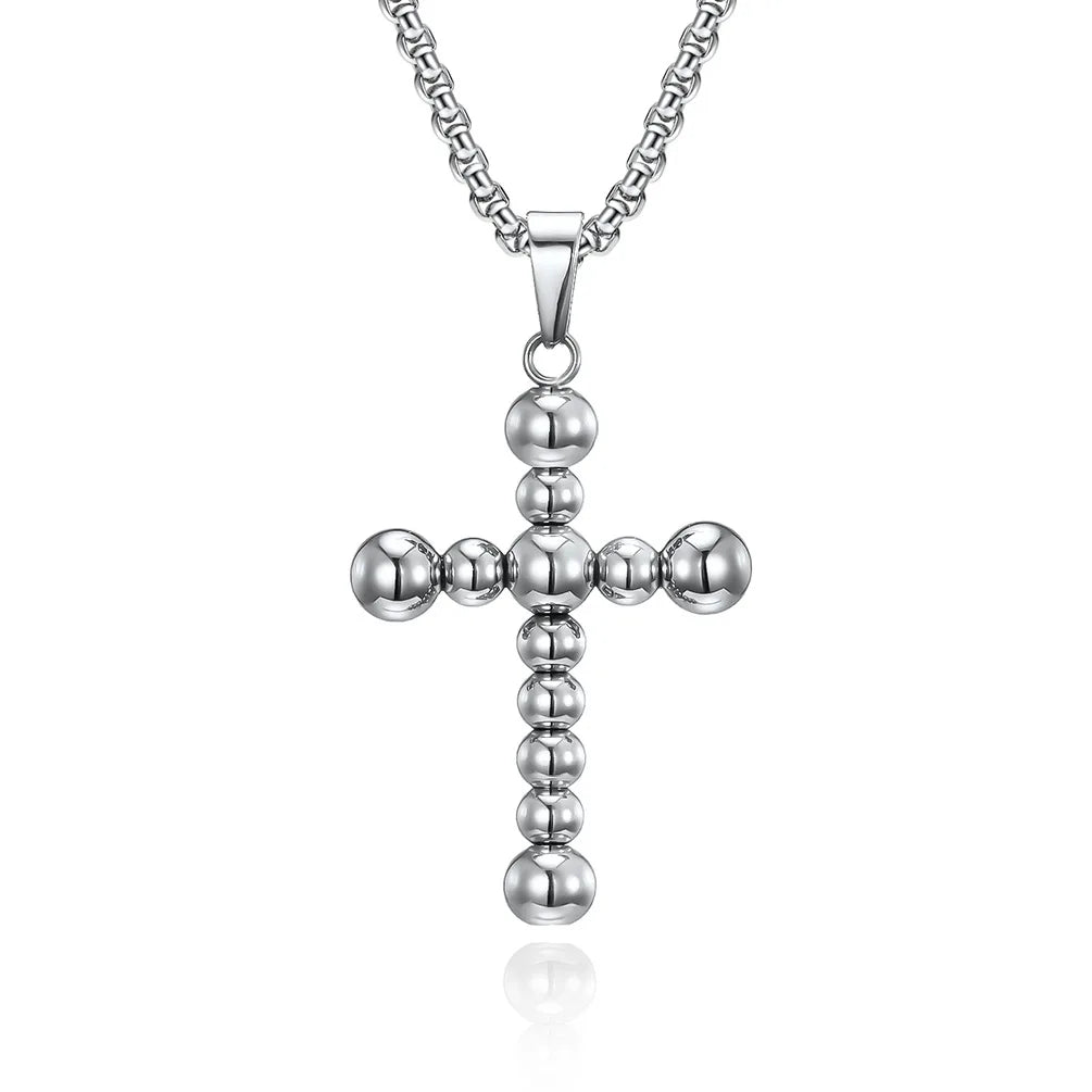 Punk Christian Cross Jewlery Stainless Steel Beads Cross Pendant Necklace