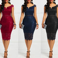 New Fashion Women Sleeveless Off Shoulder Back Zipper Lace Girls Solid Slim Pencil Casual Party Evening Dress