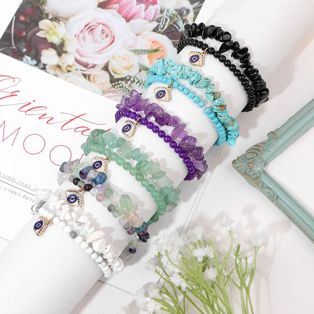 Statement Stretchy 4mm Round Bead Crystal Irregular Gravel Chip Stone Blue Eye Lucky D-evil Eye Bracelet Set for Women Men