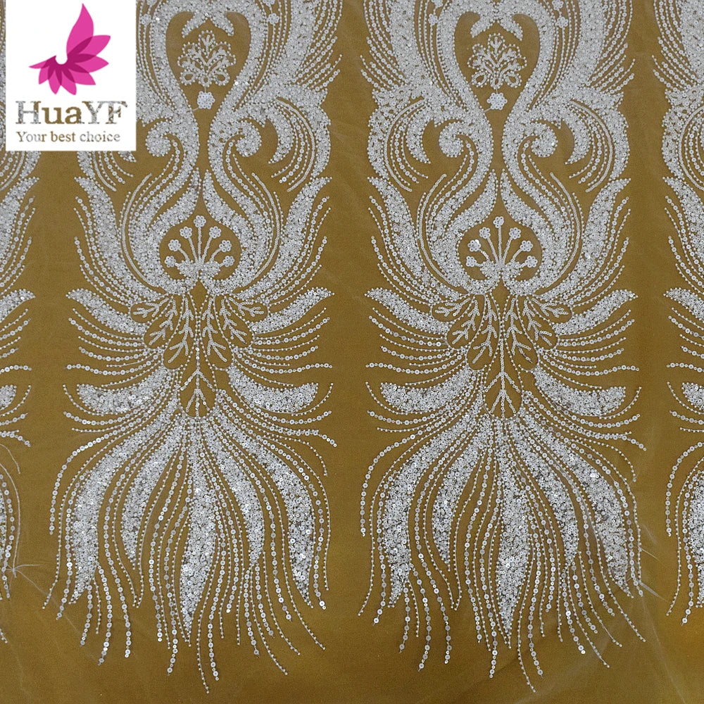 HY2839 New Arrival Design White Beaded Bridal Lace With Sequins for Women Wedding Party Dress Fabric