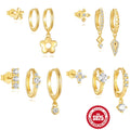 Fashion Jewelry Earrings 925 Sterling Silver Zircon Earrings Set Flower Round Rhombus Diamond Gold Plated Hoop Earrings Women