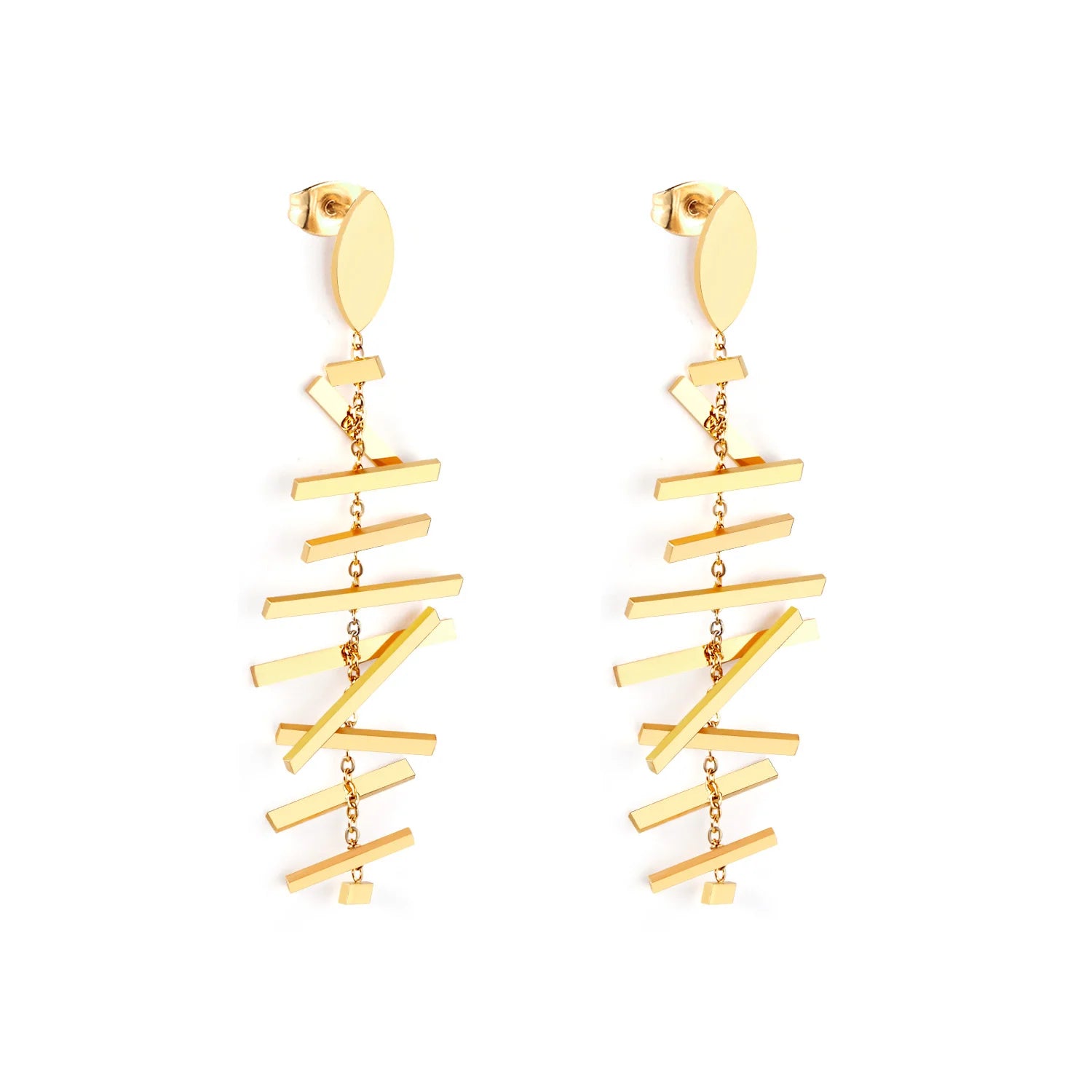 Popular Style Fish Bone 14k Gold Plated Stainless Steel Drop Earrings for Woman