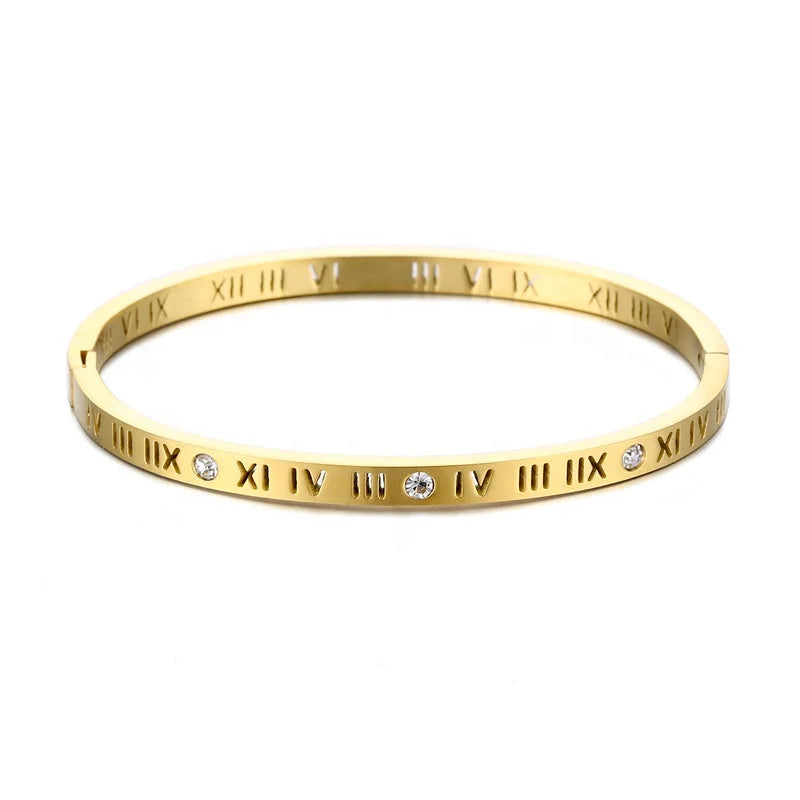 Classic Minimalist Stacking Bracelet With AAA CZ 18K Rose Gold Plated Stainless Steel Roman Numeral Cuff Bangle Bracelet