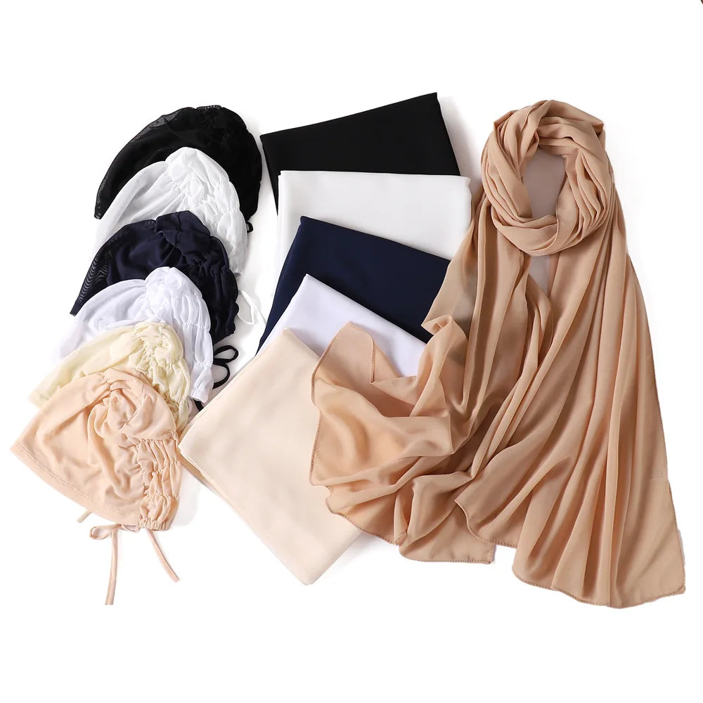 New Summer Breathable Elastic Mesh Undercap Elastic Solid Pearl Chiffon Scarf One Set