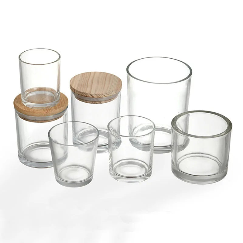 Hot Sale  Glass Cylinder Shape Transparent Candle Jar Holder with Bamboo Lid Multi-Capacity Custom Logo