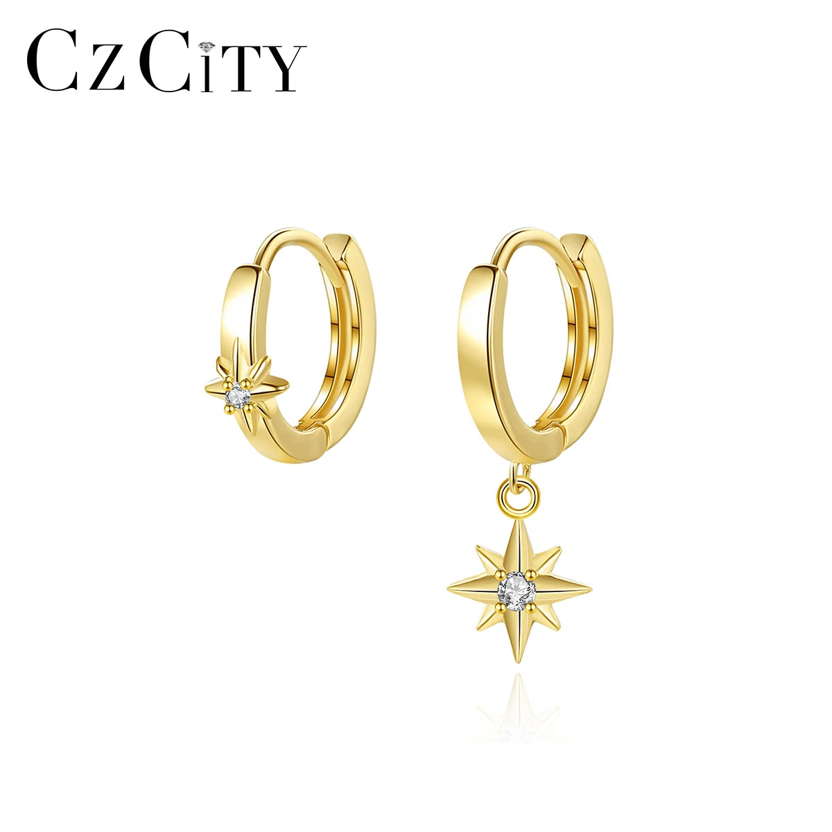 CZCITY Fashion Vintage Gold 14K Charm Zircon Sterling Silver 925 Hot Sale Clip on Star Earrings