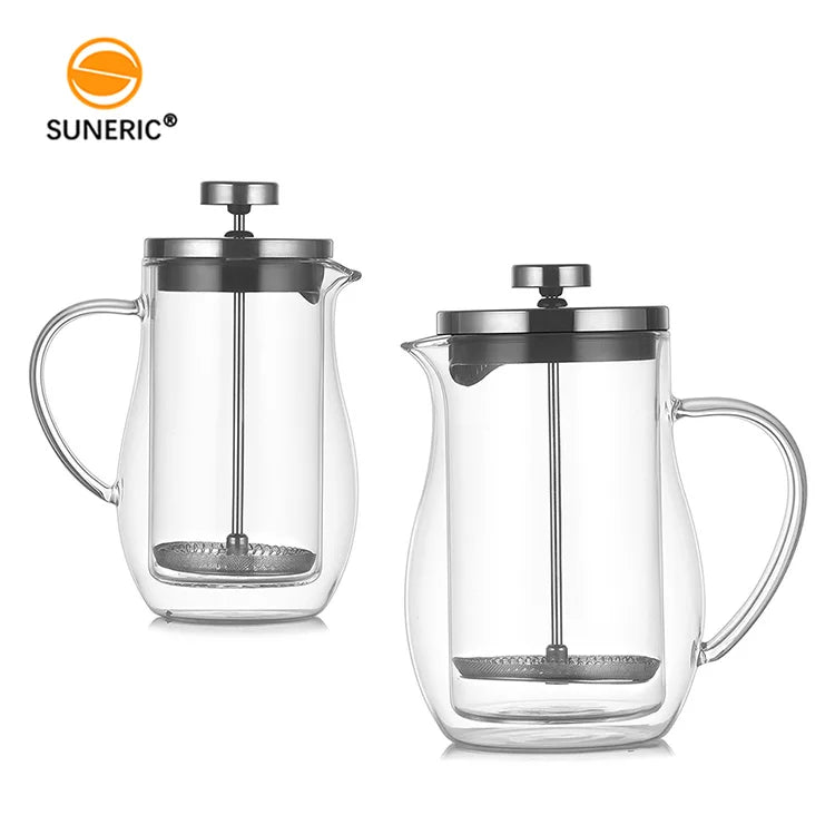 Portable Custom Logo Tea Coffee Makers Metal Filter Mesh 600 ml Glass Double Wall French Press