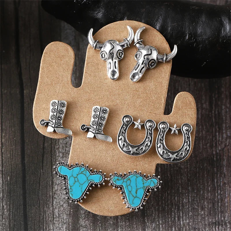 Western Style 4pcs /set Turquoise Earrings Cowboy Cow Head Boot Shape Stud Earrings Set for Woman