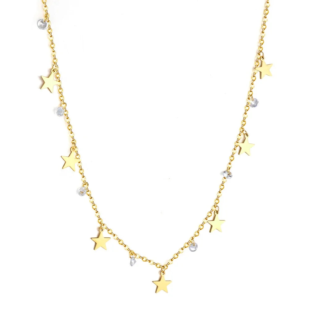 Zircon Pendant Tassel 18k Gold Plated Necklace Women Trending Jewelry Chain Choker Stainless Steel Multi Style Star Necklace