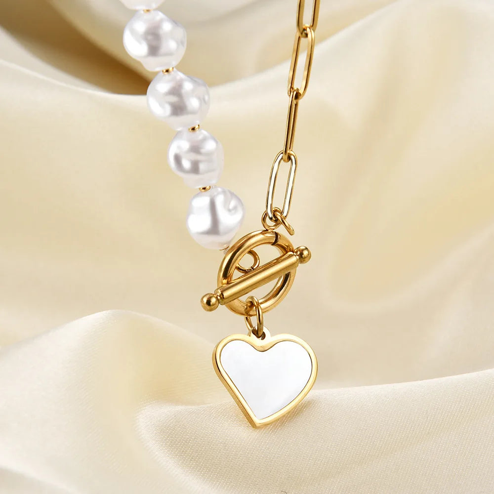 AA00287 Luxury Stainless Steel Pearl Splicing Chain Heart Choker Necklace Pave Sparkling Crystal Love Shaped Pendant Necklace