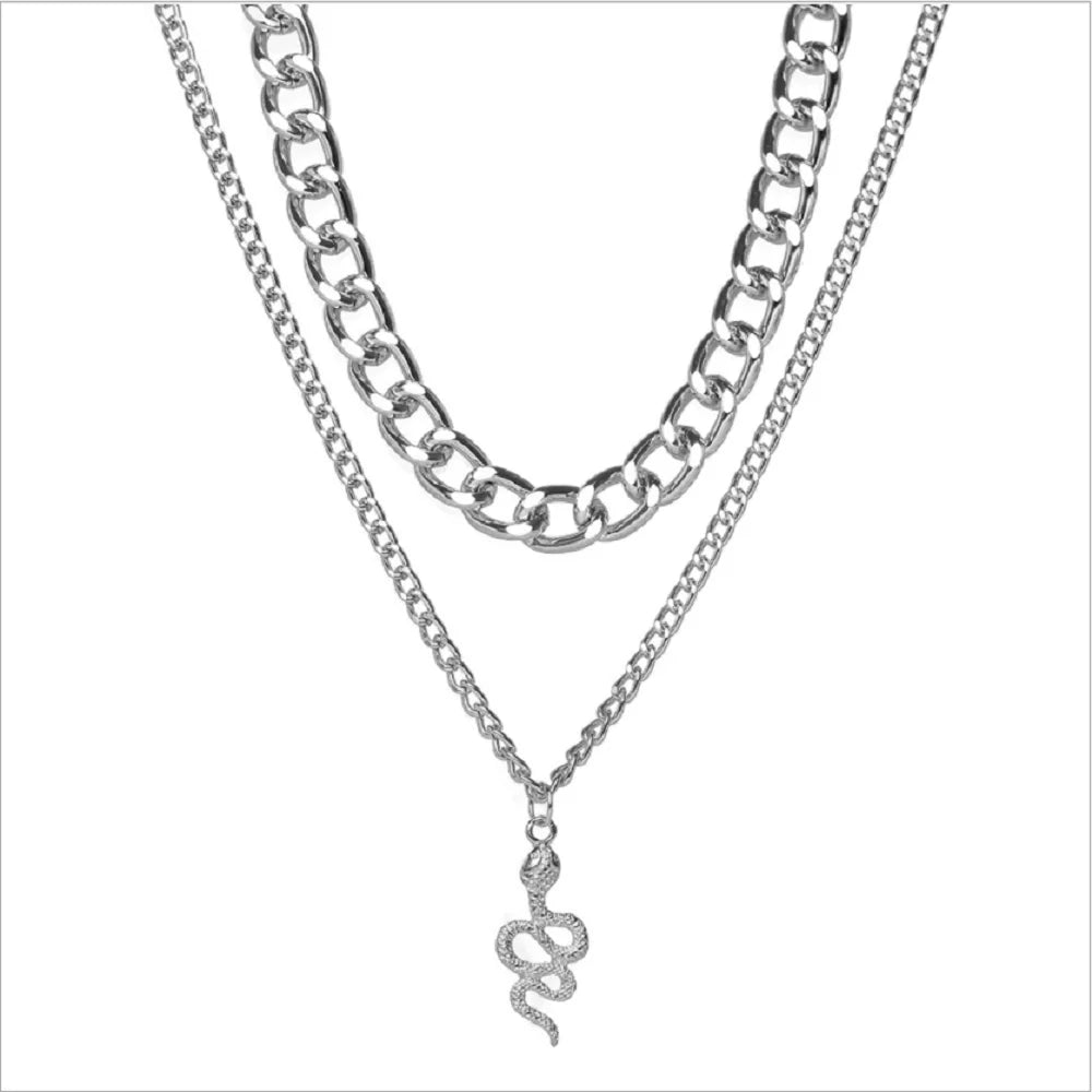 Fashion Brass Alloy Snake Pendant Necklace Charm Punk Double Link Chain Women Choker Necklaces Jewelry China Supplier