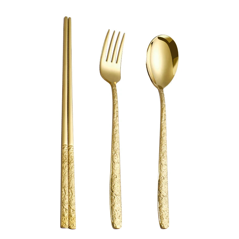 Unique Stone Grain Handle Flatware Gold Metal Korean Chopsticks Spoon and Fork Set Stainless Steel